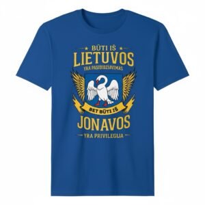 Nuotraukoje royal blue spalvos marškinėliai trumpomis rankovėmis su užrašu bei Jonavos miesto herbu. Užrašas skamba taip: "Būti iš Lietuvos yra pasididžiavimas, bet būti iš Jonavos yra privilegija". Šis linksmas užrašas geltonos spalvos. Puikiai tinka dovanoti Jonavos miesto gyventojams, ar miesto svečiams.