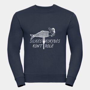 Tamsiai mėlynos spalvos džemperis be kapišono su spauda „Silkės kokybės kontrolė“, kurioje pavaizduota ant šakutės pasmeigta undinė. Tai grafinis paveikslėlis baltais kontūrais. Džemperis, puikiai tinkantis dovanai. Šventinis humoras, susijęs su tradiciniu silkės patiekalu todėl ypač tiks puoštis kalėdiniu laikotarpiu. Unisex modelis.