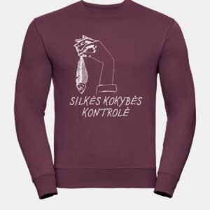 Bordo unisex džemperis be kapišono su kokybiška DTF spauda. Grafinis paveikslėlis ant džemperio su „Silkės kokybės kontrolė“ užrašu, kur virš jo pavaizduota ranka su silkės skeletu. Paveikslėlis ir užrašas baltos spalvos. Tai linksmas kalėdinis džemperis, puikiai tinkantis dovanai tiems, kurie supranta humorą. Paveikslėlis atspindi kalėdinio stalo tradicinį patieką - silkę todėl ypač tiks puoštis šventiniu laikotarpiu.