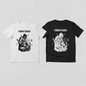 Balti ir juodi medvilniniai marškinėliai trumpomis rankovėmis su kokybiška spauda. Ant marškinėlių linksmas užrašas: „virinu šaibas“, iliustracija perteikia posakio dviprasmybę, nes pavaizduotas žmogus virinimo procese, o aplink jį tarsi žiežirbos atvaizduoti dolerio simboliai.