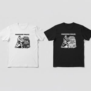 Juodi ir balti medvilniniai marškinėliai su užrašu „pakroviau malkų“ ir iliustracija, kurioje imtynių apranga vilkintis vyras sportine poza krauna malkas. Marškinėliai su ilgalaike ir kokybiška spauda.