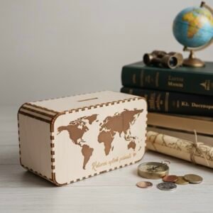 Natūralios medžio spalvos medinė taupyklė su graviruotu užrašu "Kelionei aplink pasaulį". Taupykle su išpjautu pasaulio kontūro langeliu, kad matytųsi taupymo kelionei progresas. Taupyklė skirta tiek monetoms, tiek banknotams, o nugarinėje taupyklės dalyje yra patogi atsukama ertmė per kurią lengvai išsiima sutaupyti pinigai.