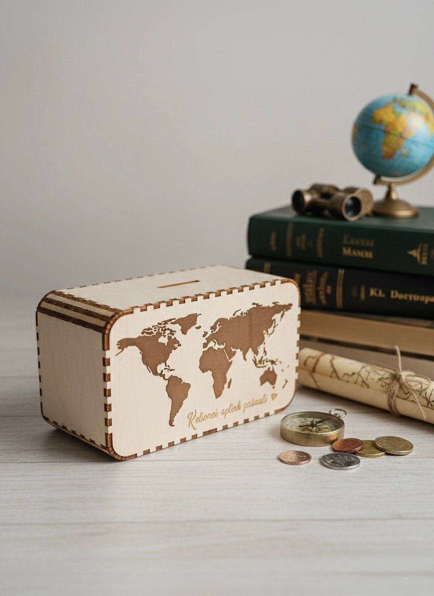 Natūralios medžio spalvos medinė taupyklė su graviruotu užrašu "Kelionei aplink pasaulį". Taupykle su išpjautu pasaulio kontūro langeliu, kad matytųsi taupymo kelionei progresas. Taupyklė skirta tiek monetoms, tiek banknotams, o nugarinėje taupyklės dalyje yra patogi atsukama ertmė per kurią lengvai išsiima sutaupyti pinigai.