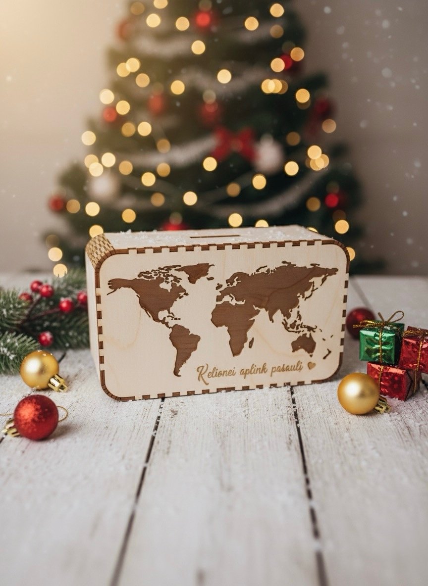 Medinė taupyklė su lazeriu išpjautu pasaulio žemėlapiu ir graviruotu užrašu „Kelionei aplink pasaulį“
