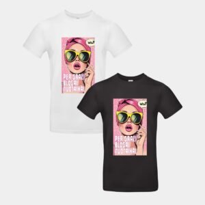 Nuotraukoje balti ir juodi medvilniniai marškinėliai trumpomis rankovėmis su stilinga ryškia ir kokybiška spauda. Ryški poparto stiliaus iliustracija rausvame taškuotame fone. Pavaizduota stilinga moteris su dideliais geltonais akiniais, rožinėmis lūpomis ir skara. Viršuje – komiksų stiliaus burbulas su tekstu „Wow!!“, o apačioje stambiu šriftu parašyta frazė lietuvių kalba: „Per graži blogai nuotaikai“.