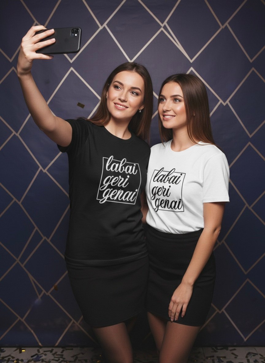Nuotraukoje moterys pasipuošusios jaukidovana.lt kurtais marškinėliais. Juodi ir balti moteriški marškinėliai "Labai geri genai" puikiai tinka kasdieniam stiliui ar kaip dovana draugei.